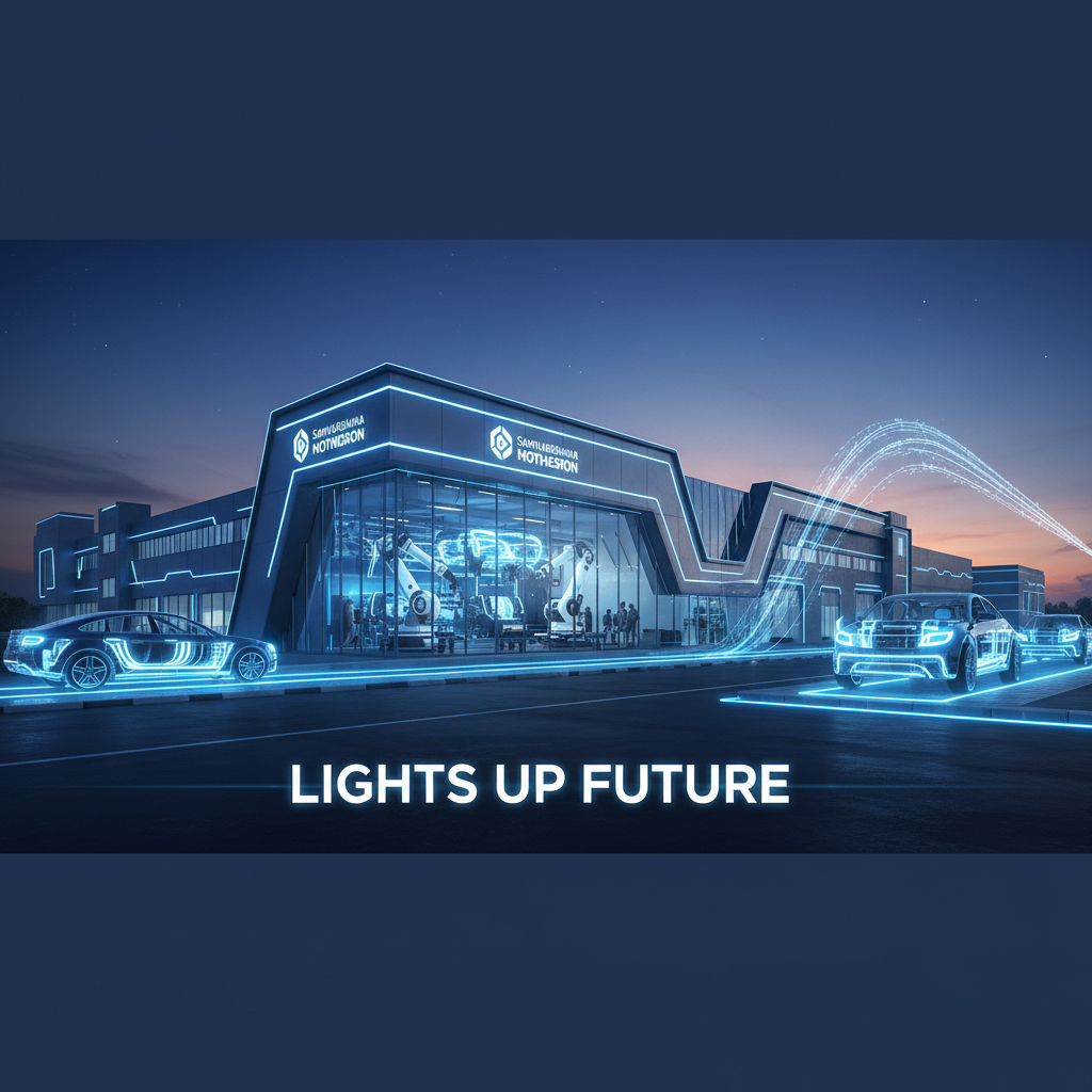 ** A modern automotive factory with neon blue lighting, showcasing advanced robotics and futuristic cars under a twilight sky.