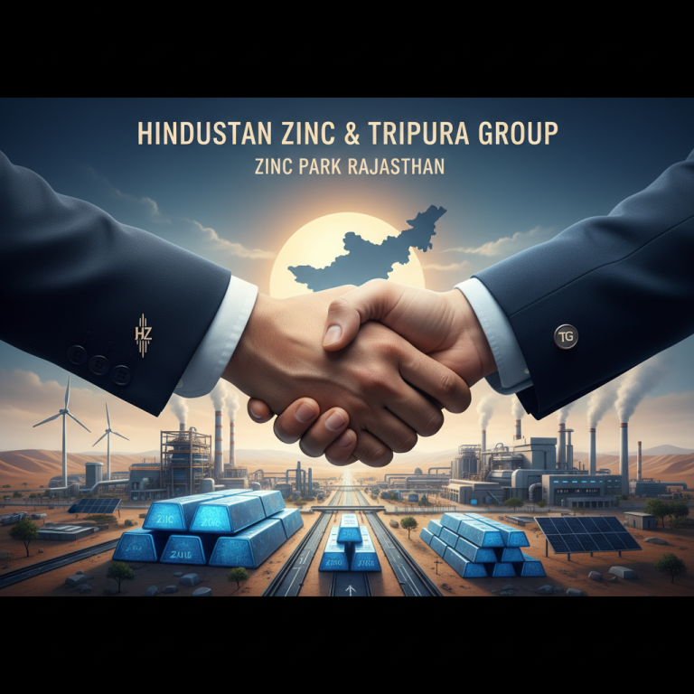 Two businessmen shaking hands over zinc ingots with a factory and Rajasthan map in the background.