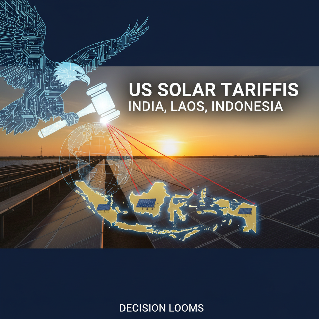 A professional image depicting solar panels, a gavel, and maps of India, Laos, and Indonesia, symbolizing trade policy.