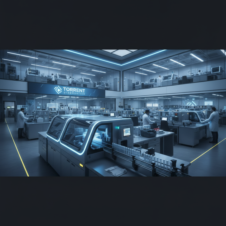 A modern, high-tech diagnostics laboratory with automated equipment and scientists working.