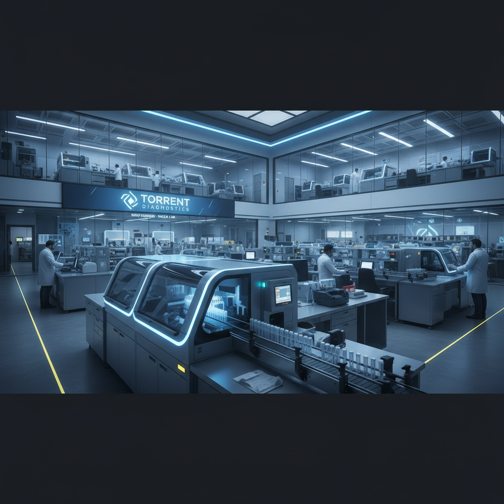 A modern, high-tech diagnostics laboratory with automated equipment and scientists working.