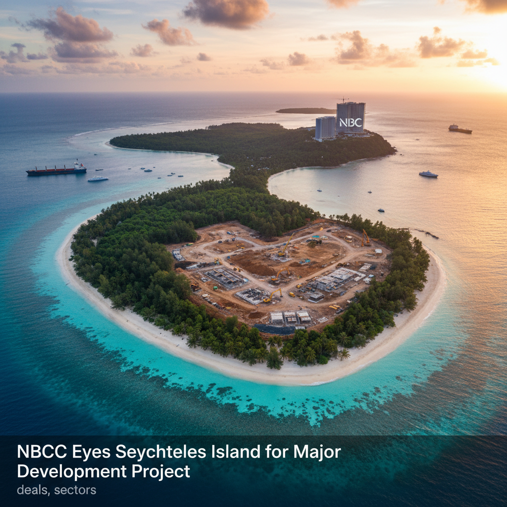 An aerial view of a picturesque island with clear turquoise waters, featuring a significant construction site.