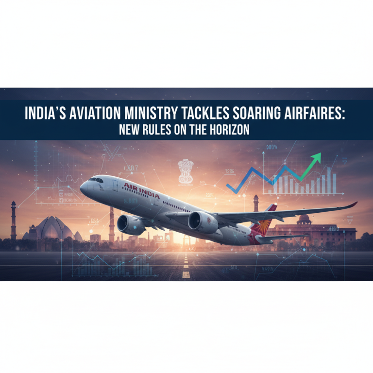 An Air India plane taking off with superimposed data graphs and Indian government buildings in the background.