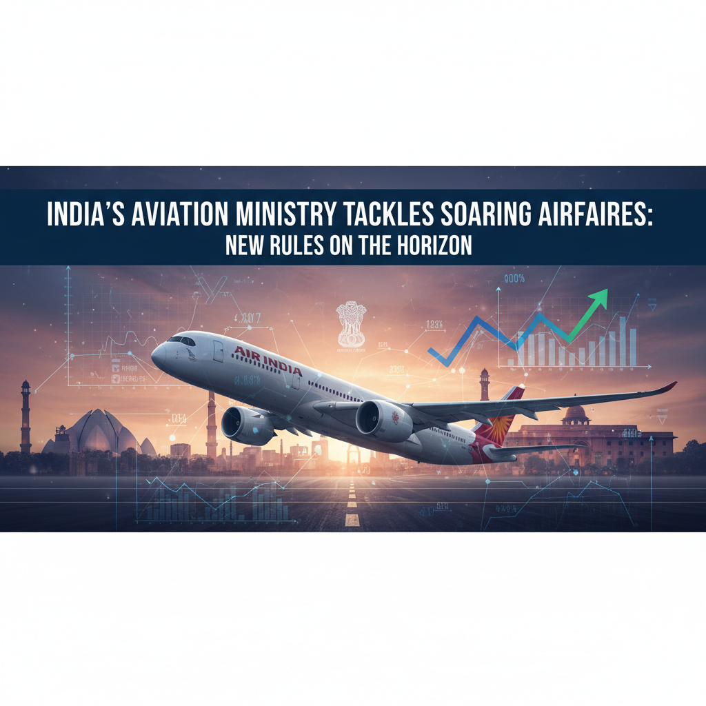 An Air India plane taking off with superimposed data graphs and Indian government buildings in the background.