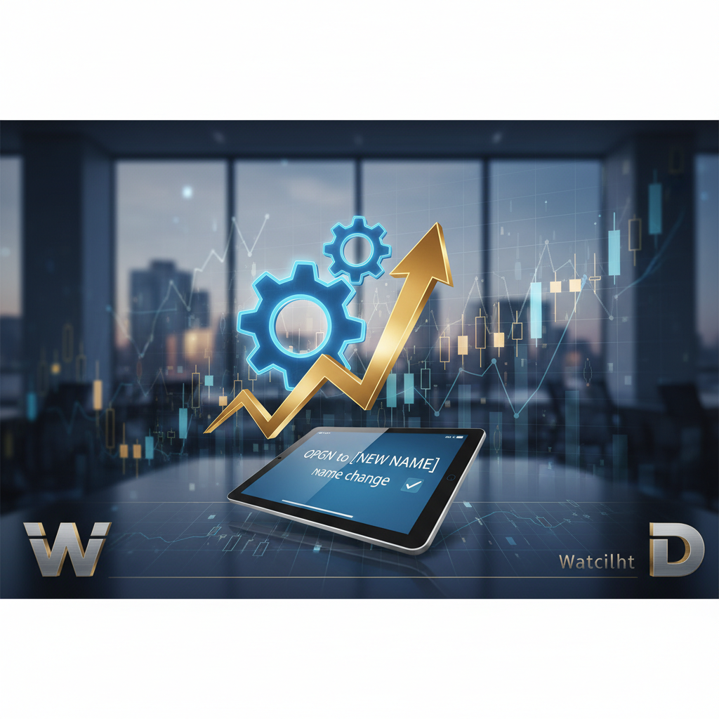 A professional image showing a tablet displaying "OPGN to [NEW NAME] name change ✓" with an upward-trending golden arrow and gears, set against a blurred office background with stock charts.