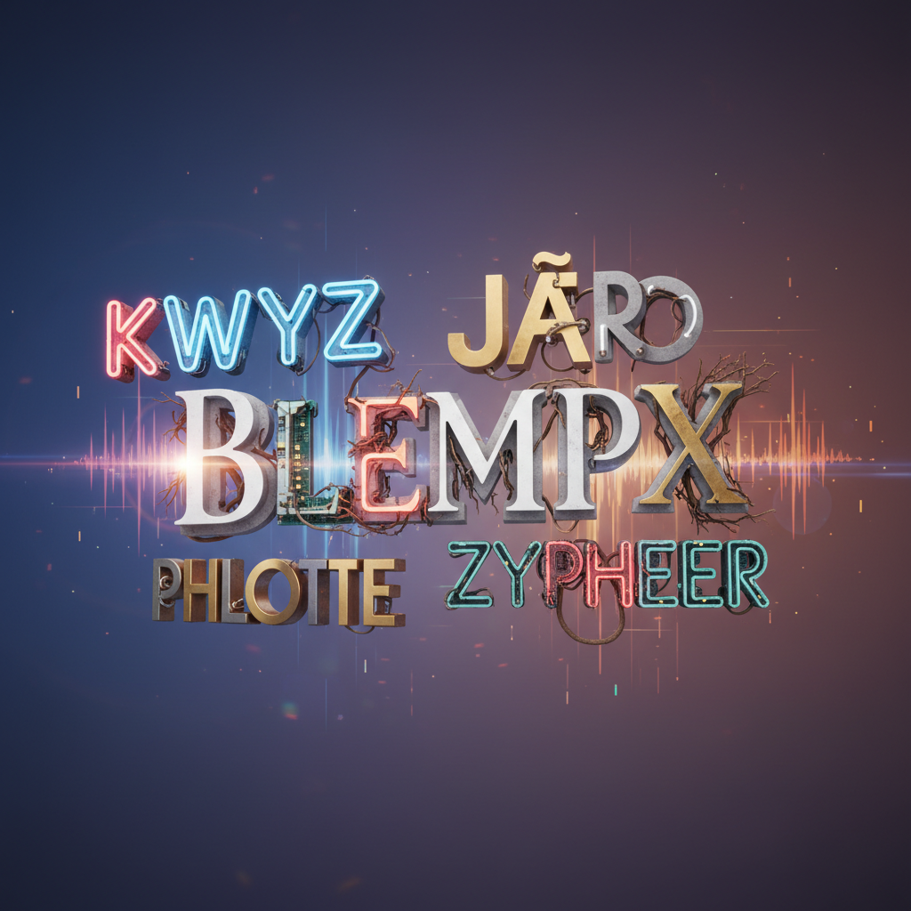 A creative display of uniquely spelled words in various fonts, textures, and lighting, conveying brand individuality.