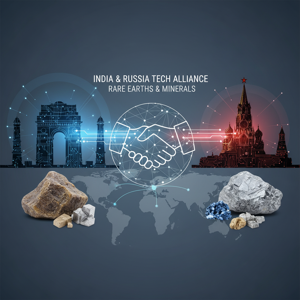 An image showing technological collaboration between India and Russia, focused on rare earth and critical minerals.
