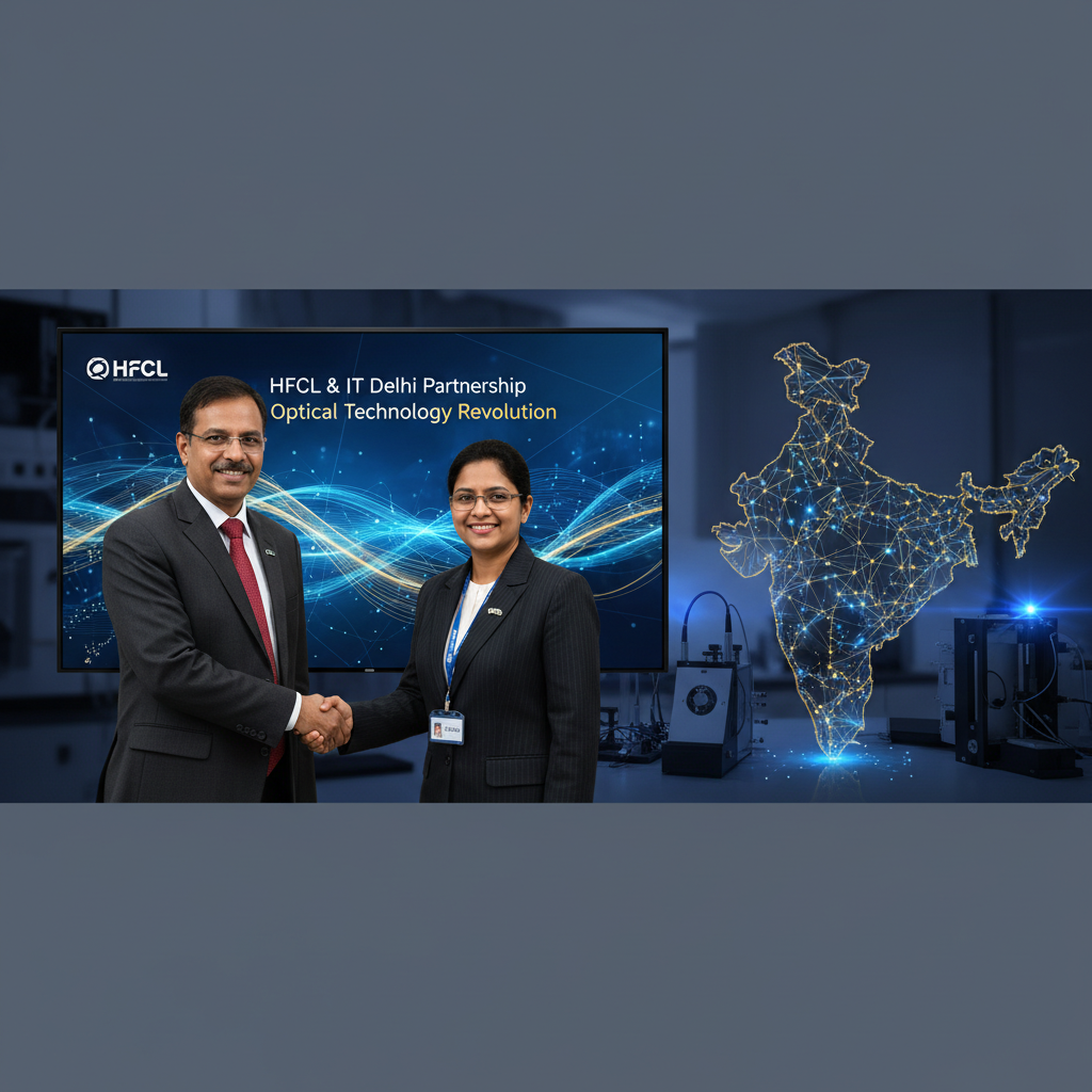Two professionals shaking hands in front of a screen, symbolizing a partnership for optical technology in India.