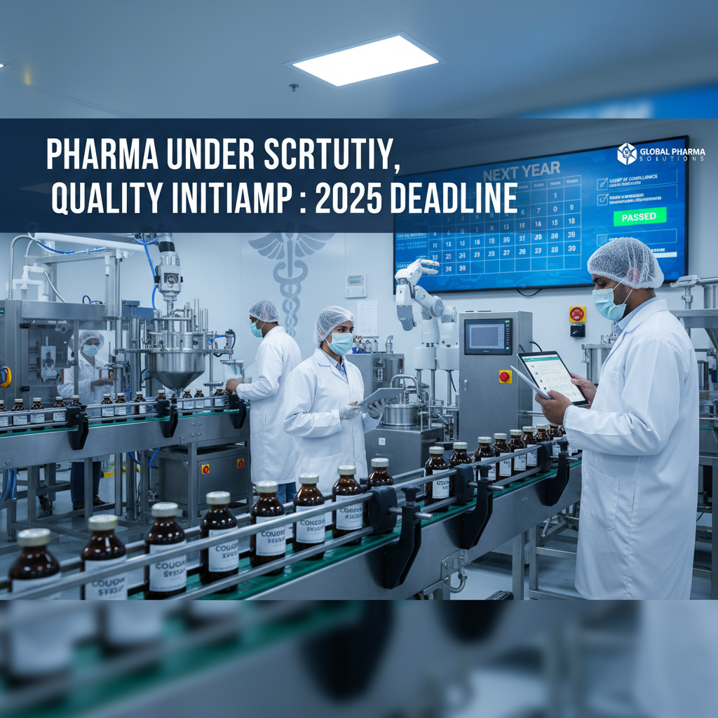 A pharmacist in a lab coat and mask reviews a tablet while cough syrup bottles move on a conveyor belt in a pharmaceutical factory.