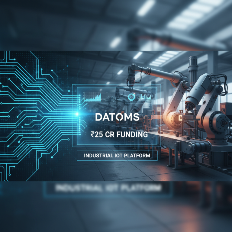 A futuristic image showing industrial robots, circuit board patterns, and data visualizations, representing industrial IoT and funding.