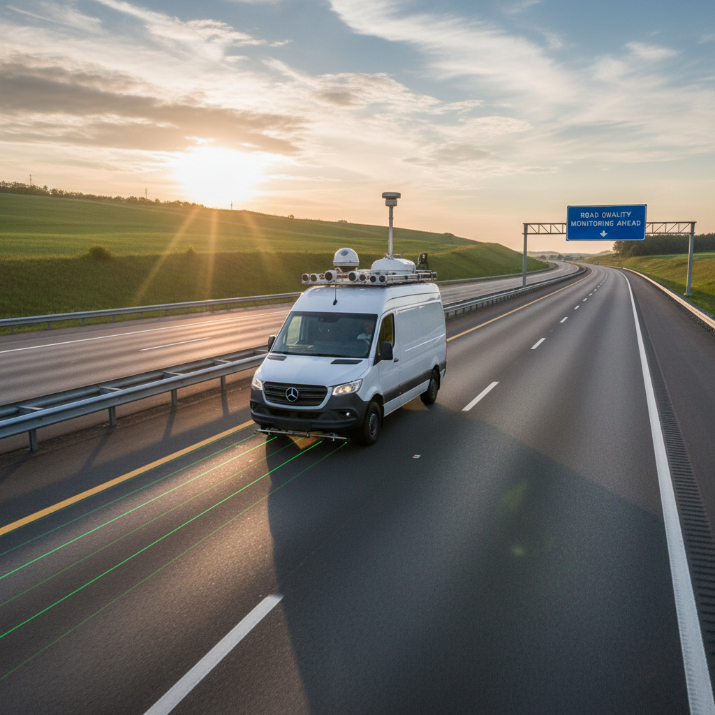 A white high-tech van with roof-mounted sensors driving on a highway at sunset, with green laser lines scanning the road.