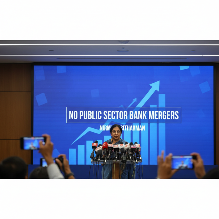 Indian Finance Minister Nirmala Sitharaman speaking at a press conference, with a screen behind her stating "No Public Sector Bank Mergers."