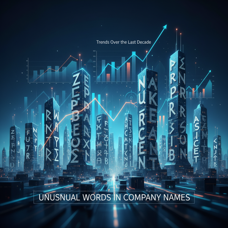 Futuristic city skyline with skyscrapers displaying unusual letter combinations, representing company names and market trends.