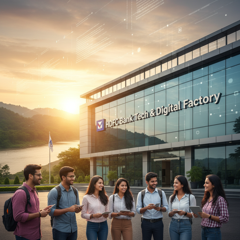 A modern HDFC Bank Tech & Digital Factory building at sunset, with a group of diverse, smiling young tech professionals.