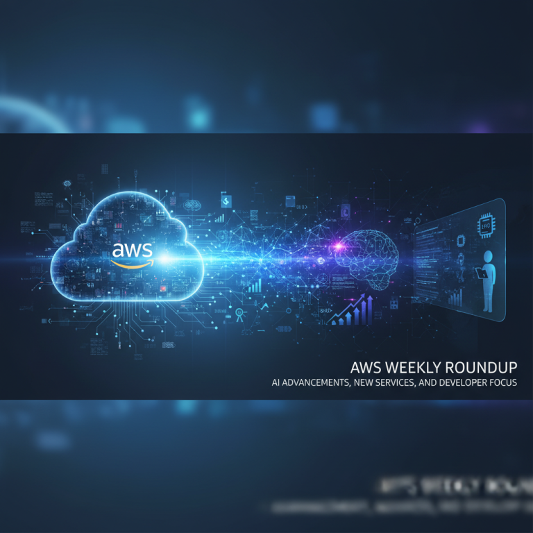 A professional, dark-themed digital illustration representing cloud computing and AI, with the AWS logo on a cloud and a glowing brain icon.