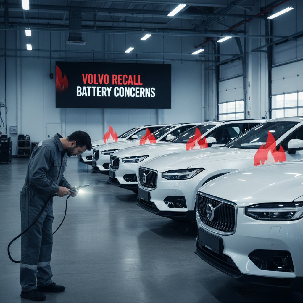 An image showing a technician working on a Volvo electric SUV, with warning signs.