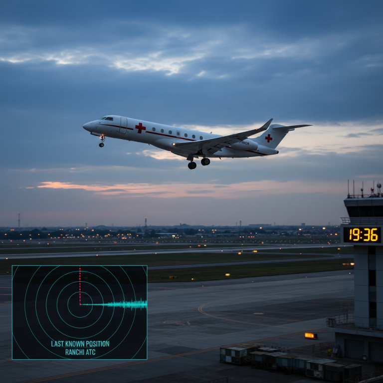 A medical charter plane taking off at dusk with a radar screen showing a lost signal and a control tower clock.