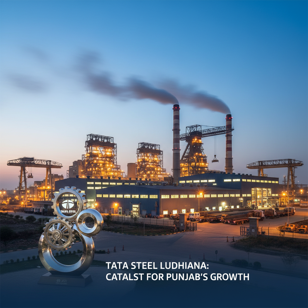 A modern steel plant at dusk, with glowing lights and smoke stacks, symbolizing industrial progress.