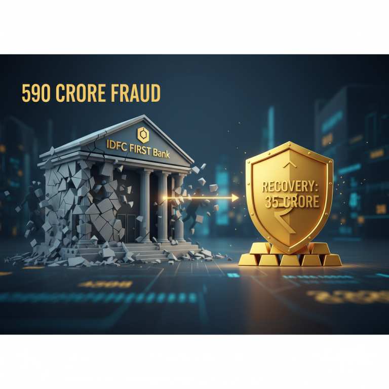An image showing a partially crumbling bank building, gold bars, and a shield with "RECOVERY: 35 CRORE"