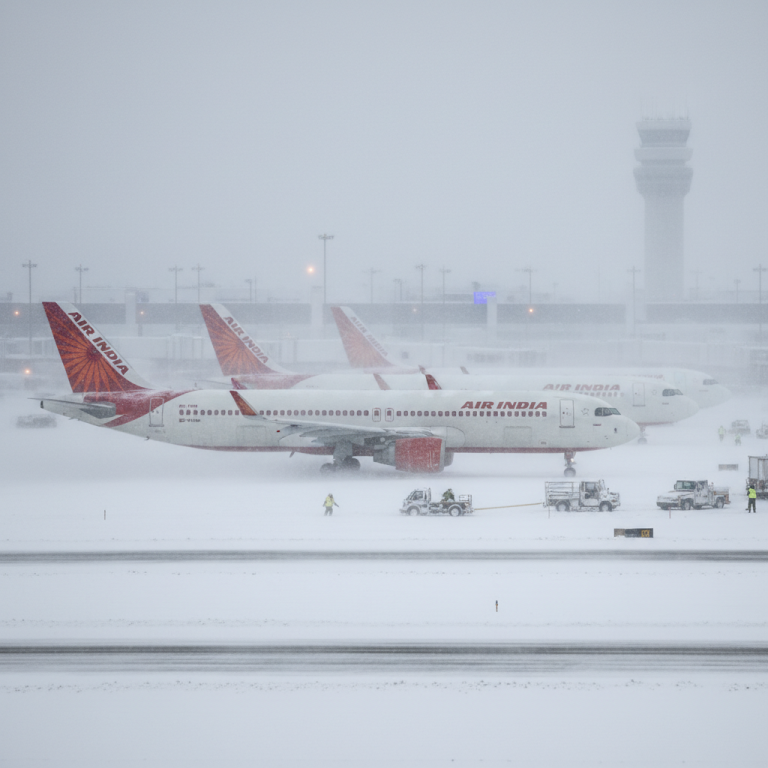Air India planes parked on a snow-covered tarmac during a severe blizzard, with an air traffic control tower in the background.