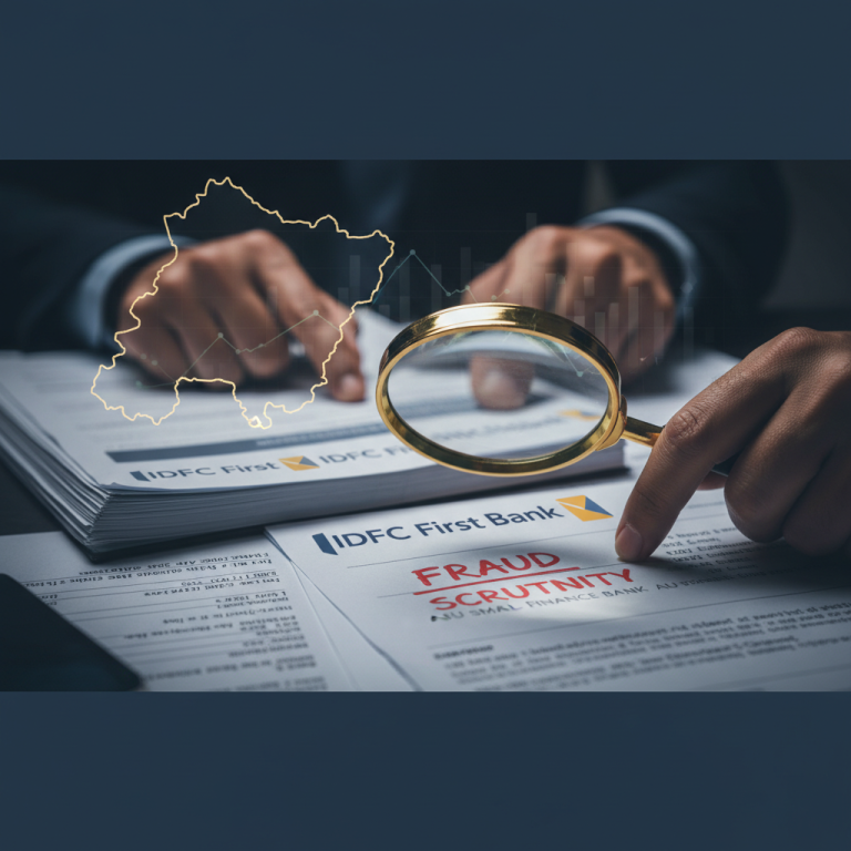 A person uses a magnifying glass to examine banking documents with "FRAUD SCRUTINY" visible, overlaid with a map of Haryana.