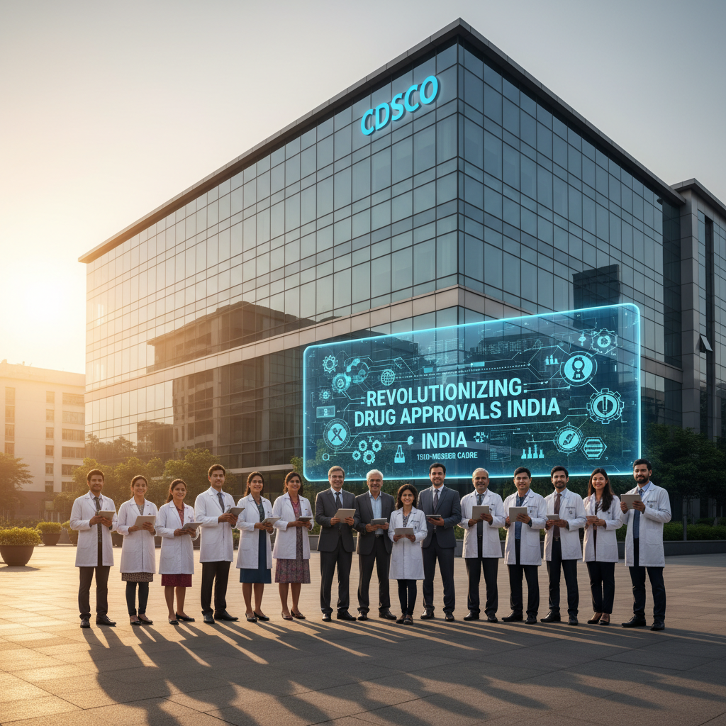 A professional group of scientists and officials in front of the CDSCO building with a holographic display.