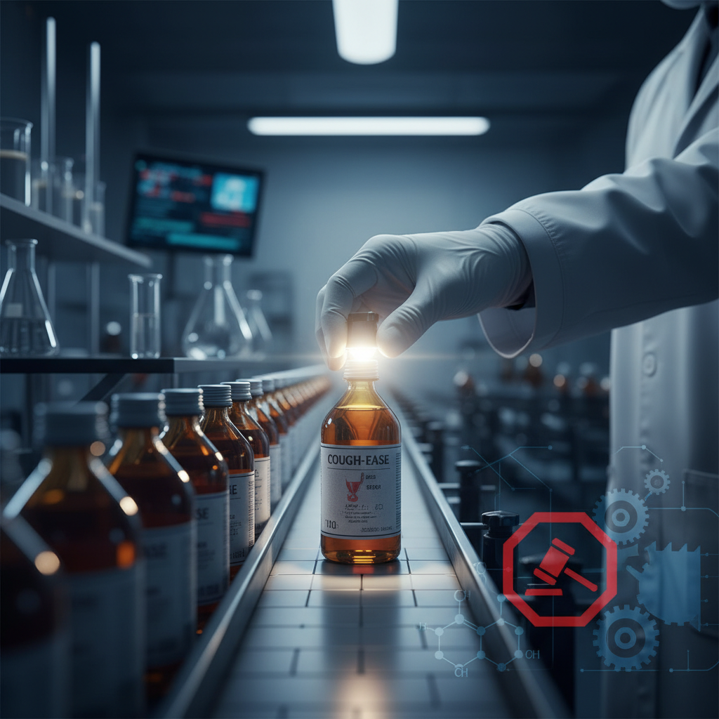 A gloved hand inspects a bottle of "Cough-Ease" on a factory line, with a regulatory icon overlay.