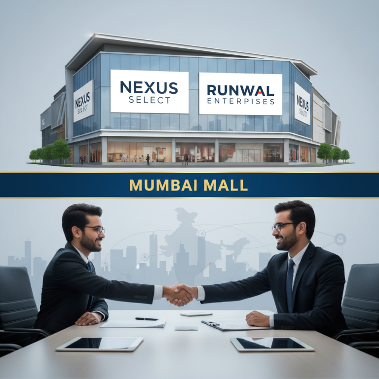 Two businessmen shaking hands in front of a modern mall with "Nexus Select" and "Runwal Enterprises" logos.