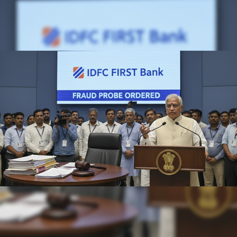 Haryana CM announcing a fraud probe against IDFC Bank at a press conference.