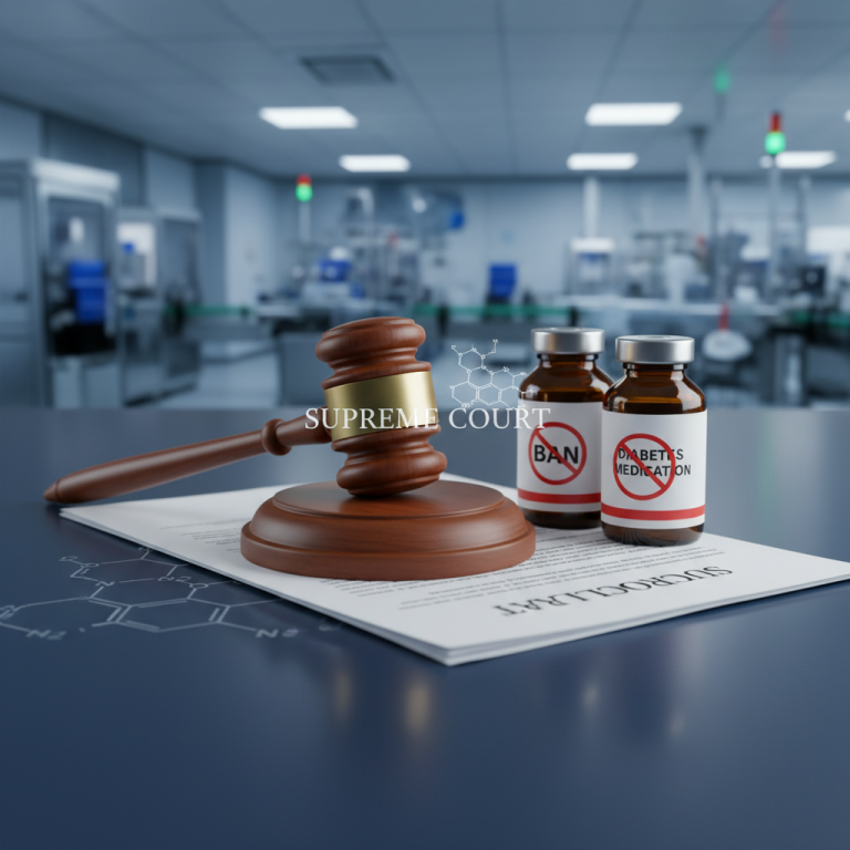 A gavel, labeled "Supreme Court," next to two medicine bottles, one marked "BAN" and the other "DIABETES MEDICATION."