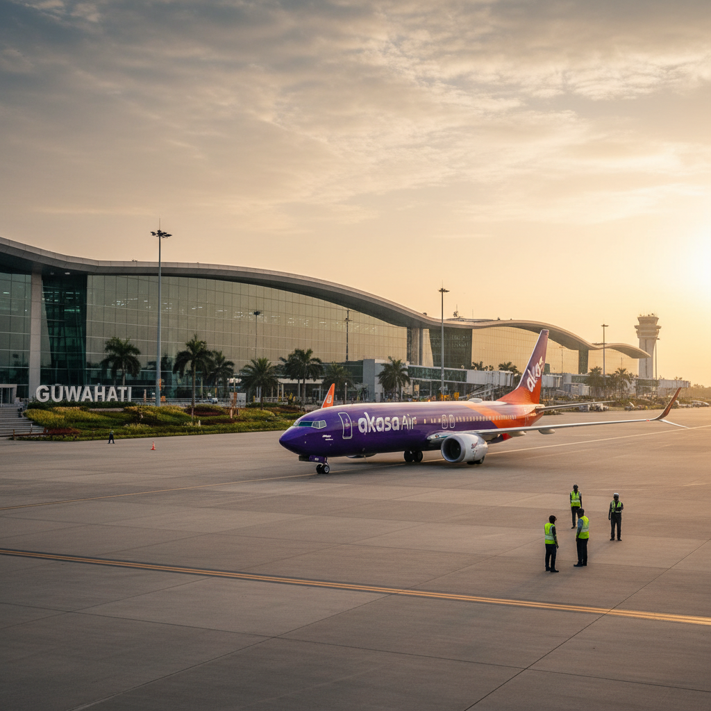 An Akasa Air plane on the tarmac with ground crew, with the new Guwahati airport terminal in the background at dawn.