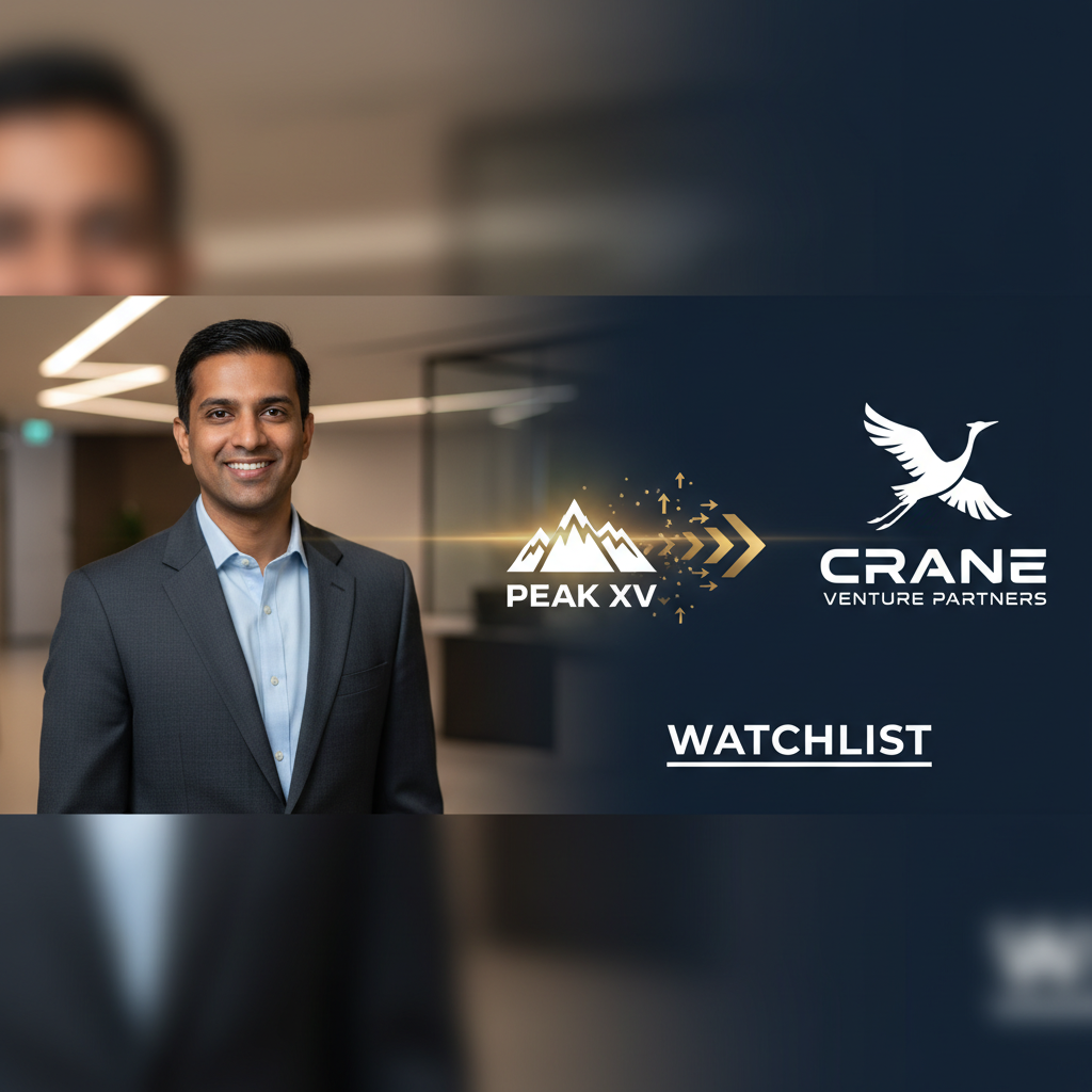 A professional image of Anandamoy Roychowdhary with the logos of Peak XV and Crane Venture Partners, indicating a transition.