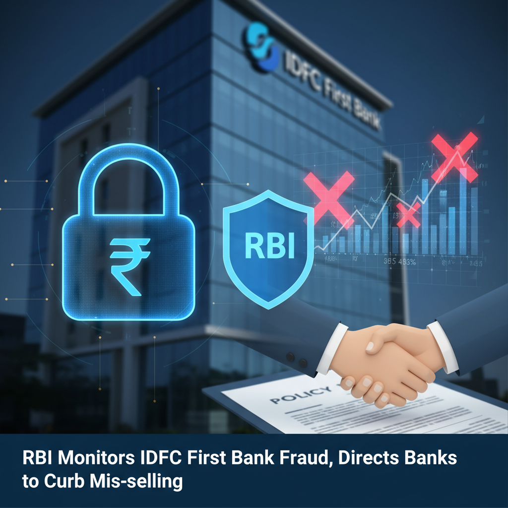A professional image illustrating banking regulations, with the RBI logo, a lock icon, and a handshake over policy documents.
