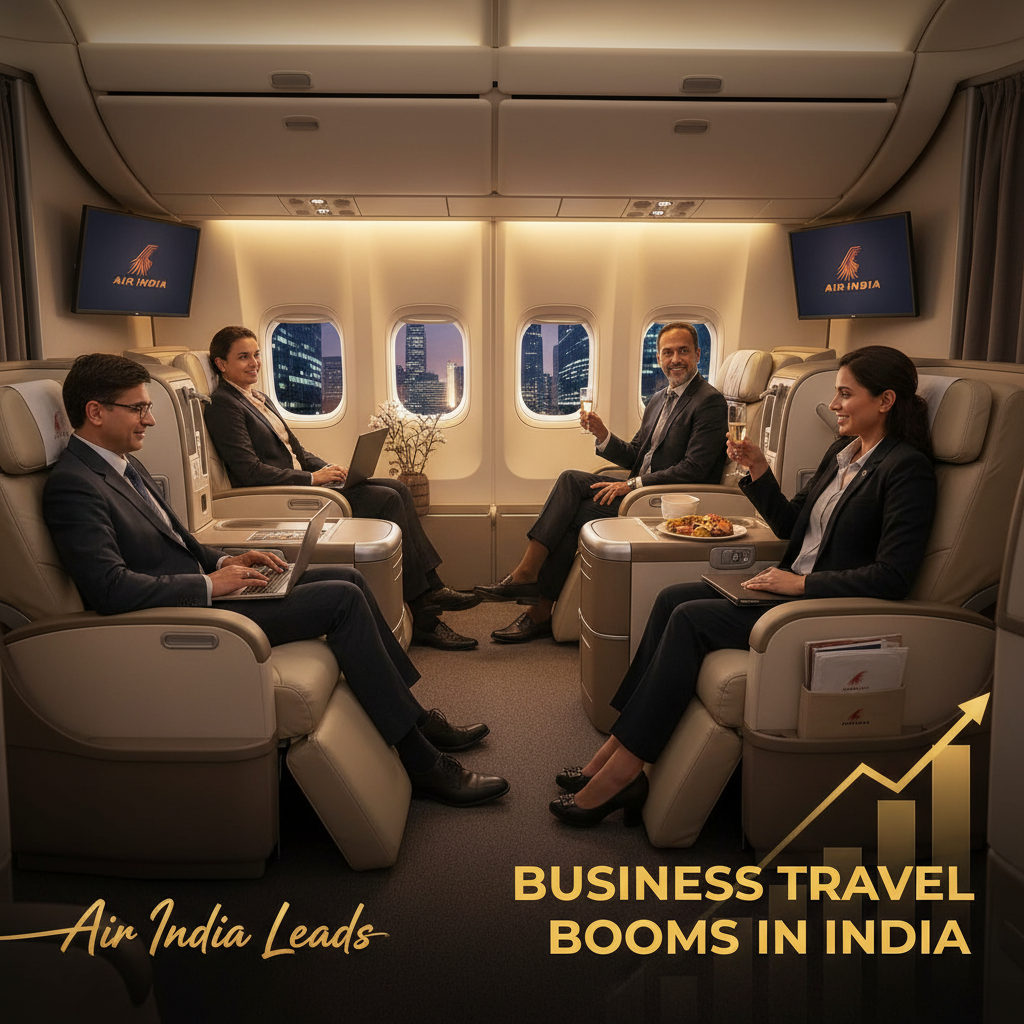 Four business professionals in suits in a luxurious Air India premium cabin, with cityscapes visible through windows and an upward-trending graph overlaid.