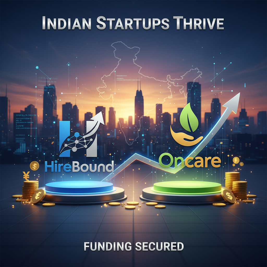 Professional graphic showing "HireBound" and "Oncare" logos on platforms, with an upward arrow and Indian cityscape.
