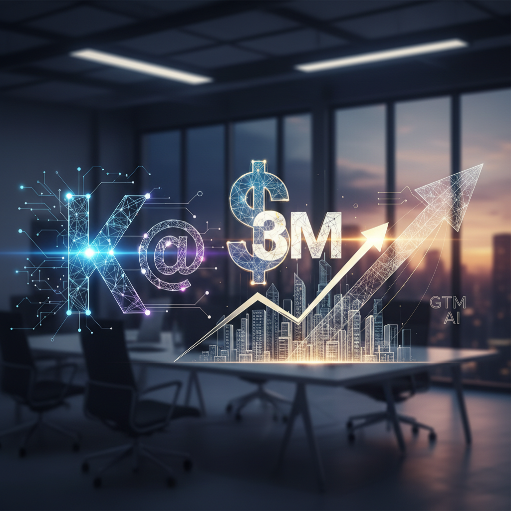 Digital visualization of growth and funding: 'K@' and '$3M' interconnected with an upward trending arrow over a city skyline.