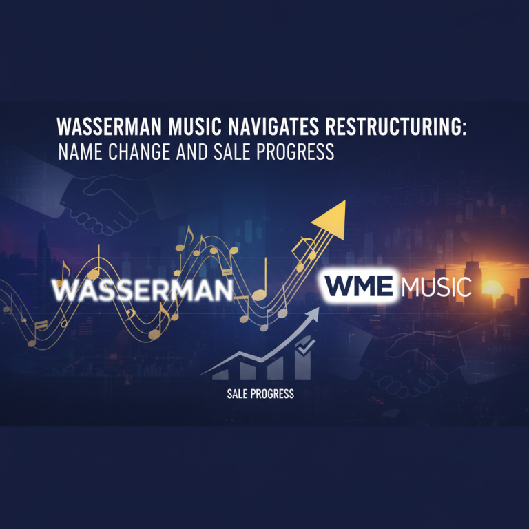 Wasserman Music's restructuring with a name change and sale progress, depicted by musical notes, graphs, and cityscapes.