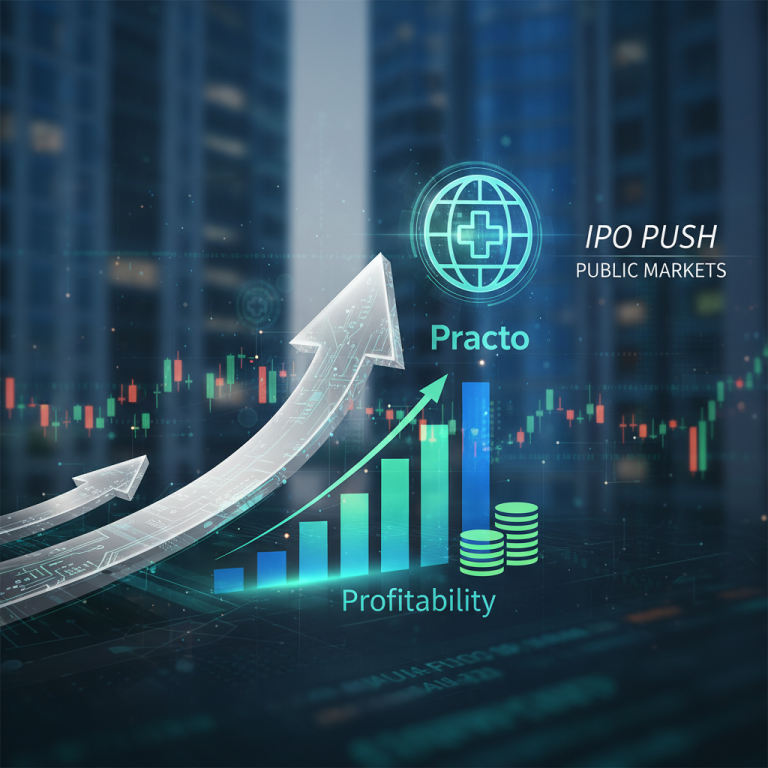 A digital illustration symbolizing Practo's pre-IPO push, featuring an upward-trending arrow and financial graphics.