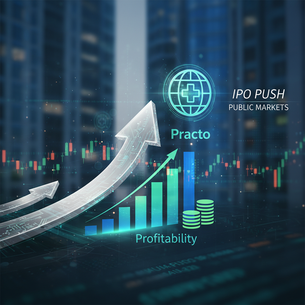 A digital illustration symbolizing Practo's pre-IPO push, featuring an upward-trending arrow and financial graphics.