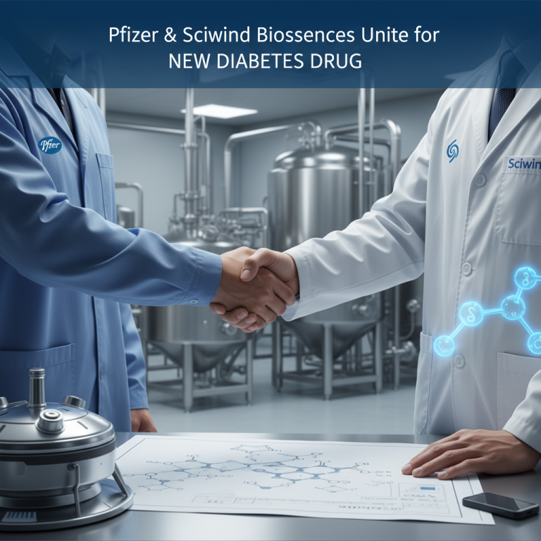 Two scientists, one representing Pfizer and the other Sciwind Biosciences, shake hands in a pharmaceutical manufacturing setting.