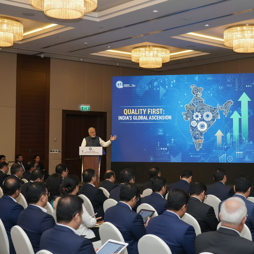 A professional image of a speaker presenting "Quality First: India's Global Ascension" to an audience.