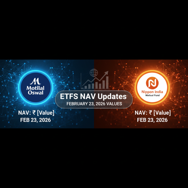 A professional graphic announcing ETF NAV updates for Motilal Oswal and Nippon India, with dates and placeholders for values.