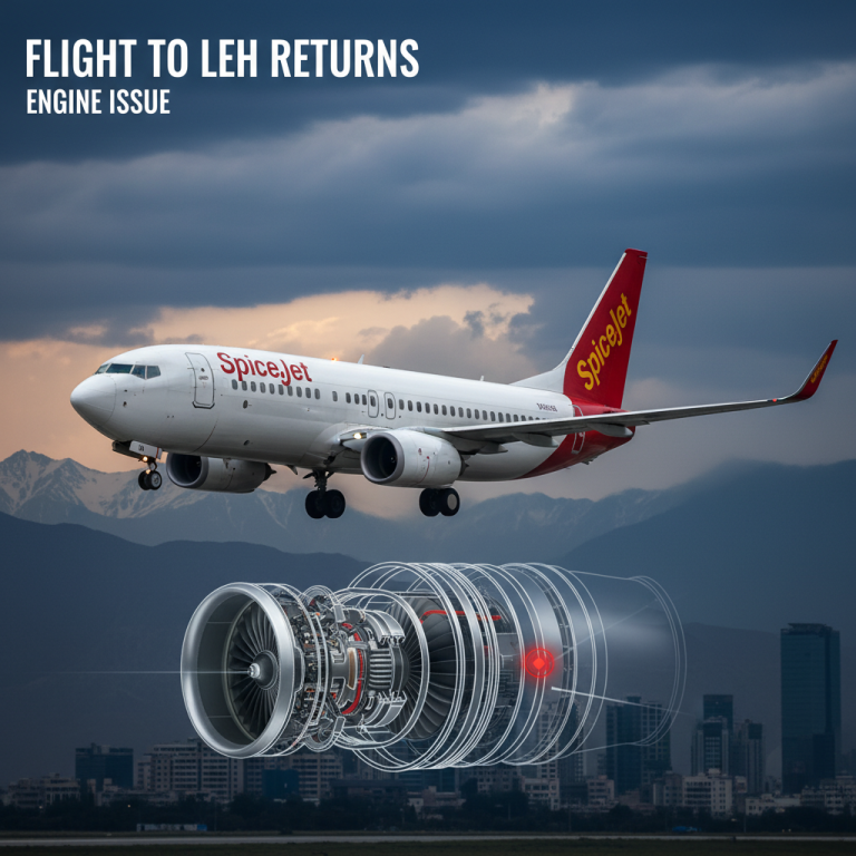 A SpiceJet airplane flying with a transparent overlay of an engine showing a red fault light, against a mountainous backdrop.