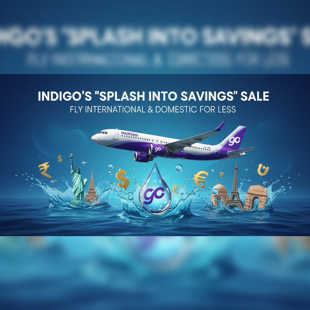 An IndiGo airplane flying over water with currency symbols and famous landmarks splashing out, representing travel deals.