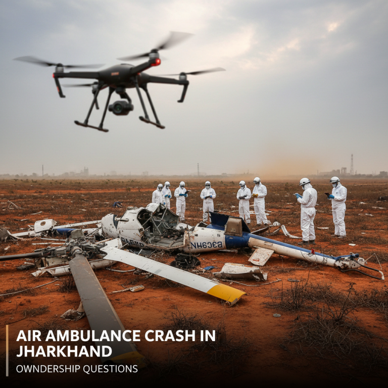 Drone flying over a crashed air ambulance with investigators in hazmat suits in a field.