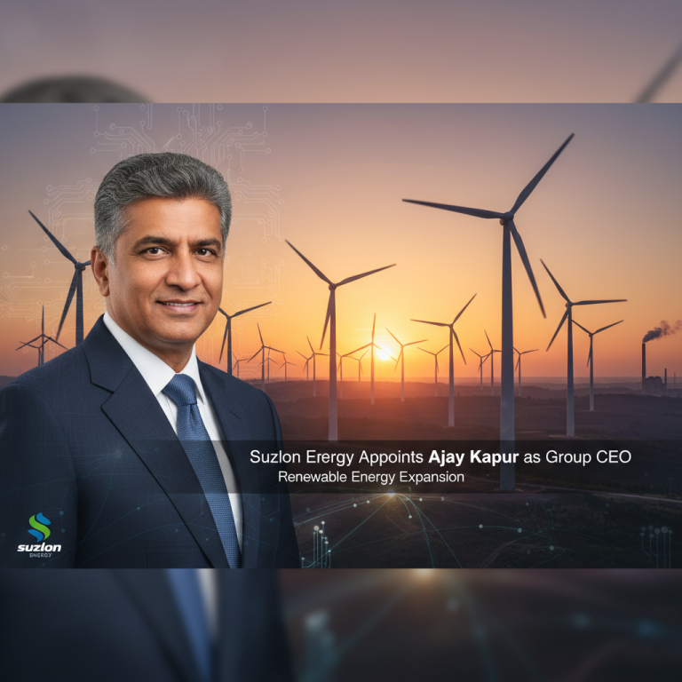 A professional image of Ajay Kapur with a background of wind turbines at sunset, symbolizing renewable energy and leadership.
