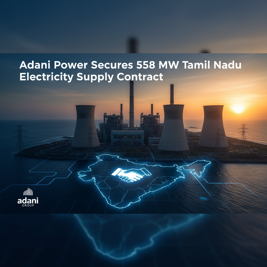 An image representing Adani Power's 558 MW electricity supply contract in Tamil Nadu, with a power plant and an India map outline.