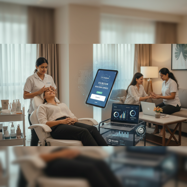 A professional salon service being provided in a home setting, with digital interface elements overlayed.