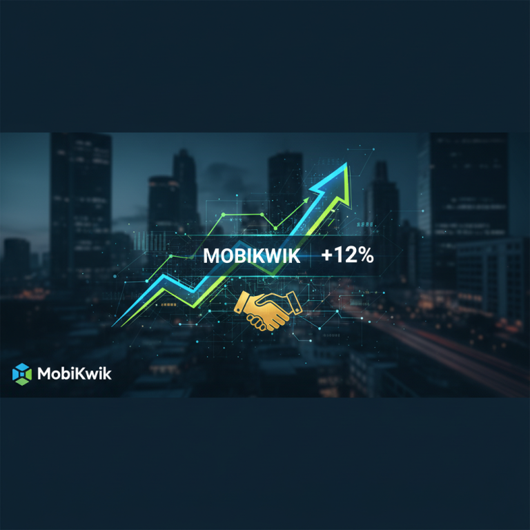 A professional graphic with an upward-pointing arrow and text "MobiKwik +12%" over a blurred city background.