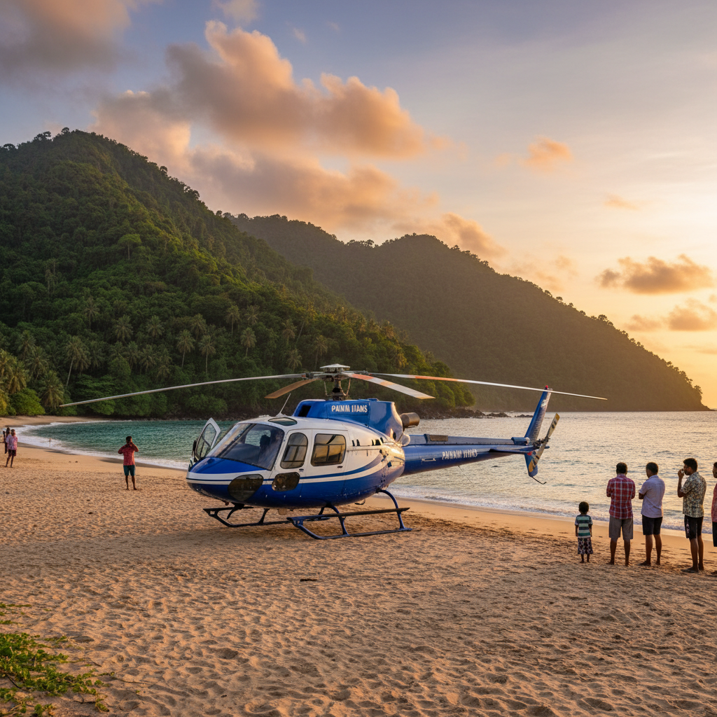 A blue and white Pawan Hans helicopter parked on a sandy beach with people around it, mountains, and ocean in the background at sunset.